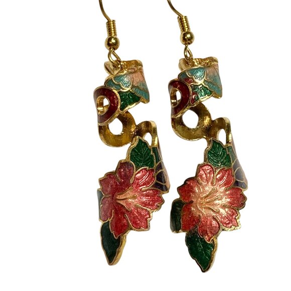 Vintage Cloisonne Hibiscus Flower Earrings Hawaiian Red Floral Enamel Gold Tone - Picture 1 of 10